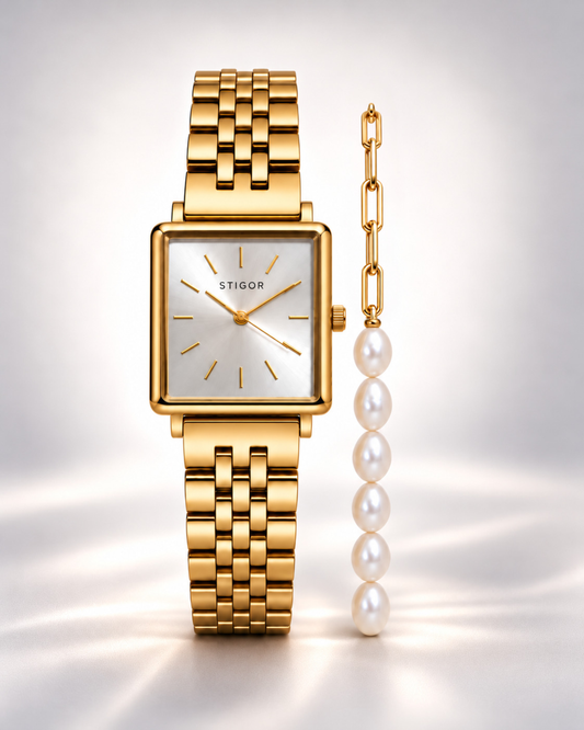 Classic Petite - Satin Gold Freshwater Pearl Paperclip Stack