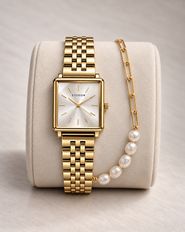 Classic Petite - Satin Gold Freshwater Pearl Paperclip Stack