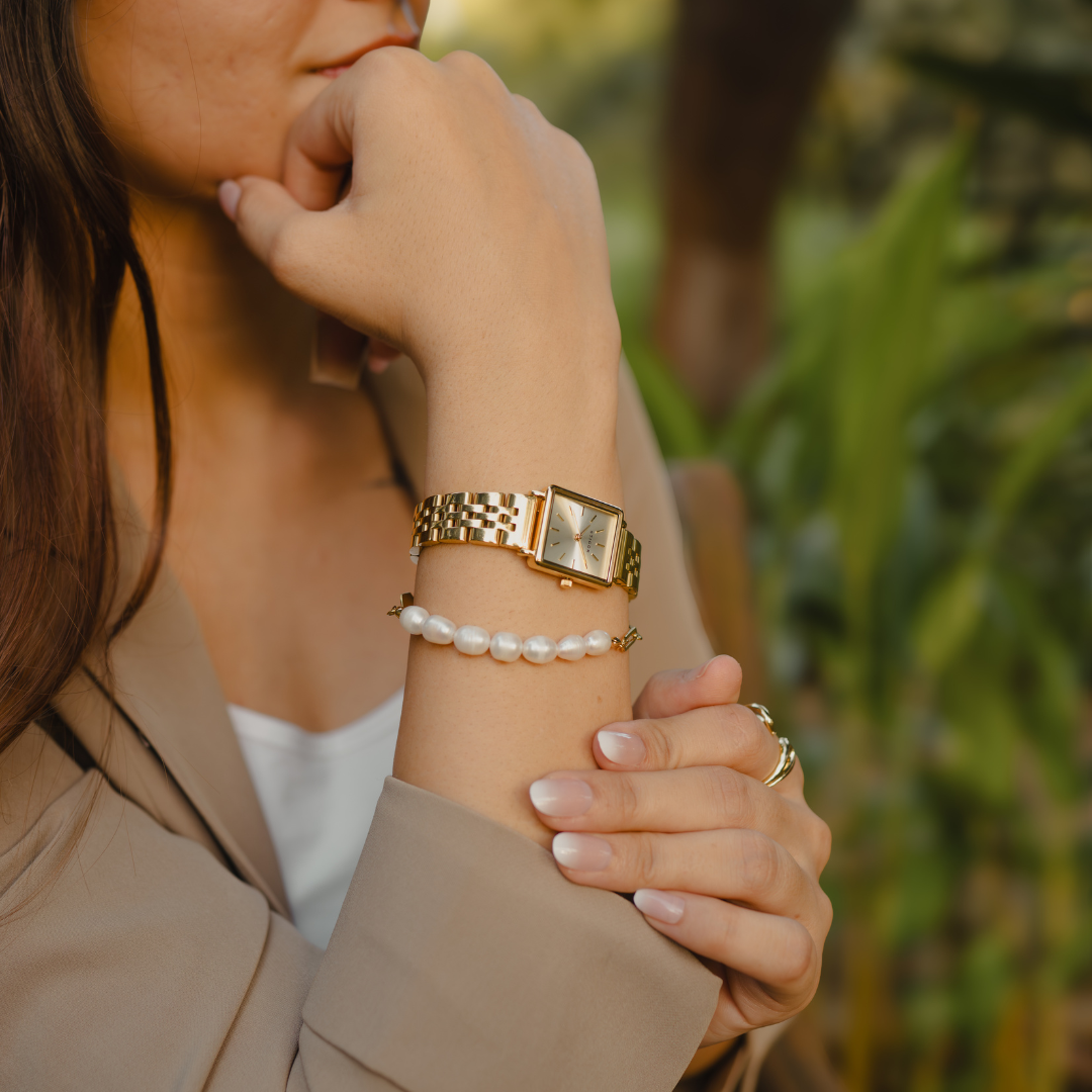 Classic Petite - Satin Gold Freshwater Pearl Paperclip Stack