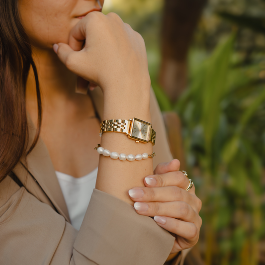 Classic Petite - Satin Gold Freshwater Pearl Paperclip Stack